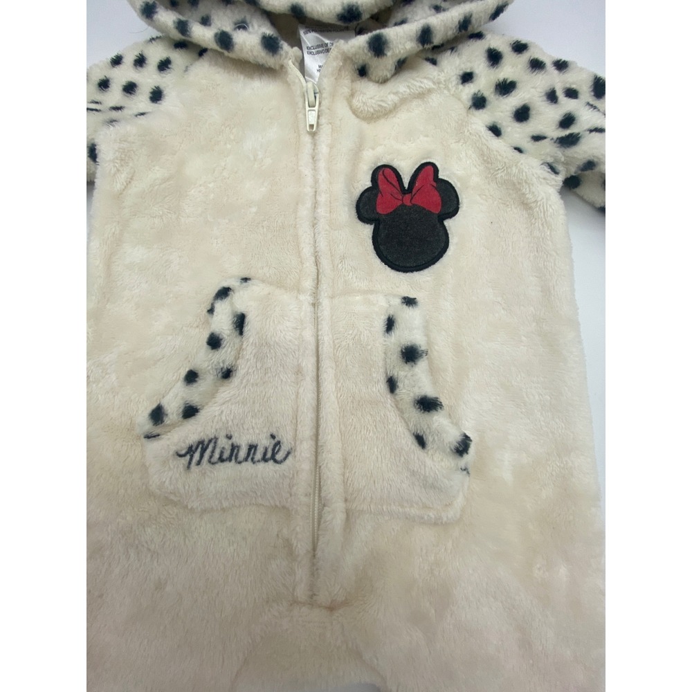 Disney Baby Minnie Mouse Faux Fur Hooded Jumpsuit Polka Dot 3-6M Cream Black - Picture 3 of 10